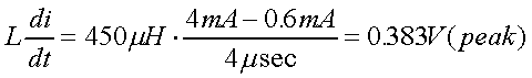 舉例來說，一個閘在"ON"而載有4mA的電流時，突然開關切到"OFF"且現(xiàn)在載有0.6mA的電流，假設開關時間為4msec，載有450mH的電感信號的導體，此時所產(chǎn)生的電壓突波為