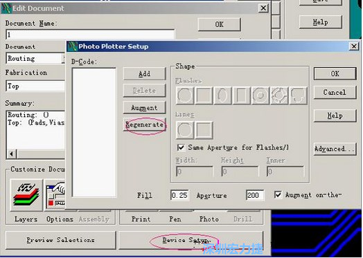 當(dāng)Gerber和鉆孔都設(shè)置完后，選擇一貼片元件較多的層（一般為Top層），點(diǎn)擊Device SetupPhoto，將 Plotter Setup窗口D-Code欄原有的D碼刪除并按Regenerate重新生成