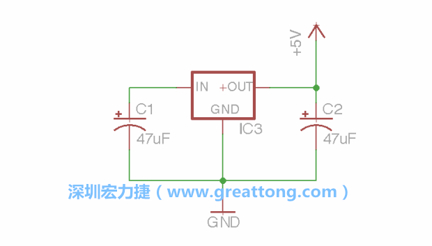 使用「新增（Add）」工具，選擇RBBB → Regulator，把Regulator元件放在畫面左上角的象限上，再使用新增工具來配置兩個(gè)Electrolytic_Caps元件、GND元件和+5V的信號供應(yīng)元件（RBBB → Supply），如圖所示。