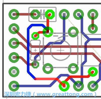 為了要創(chuàng)造一個電路通道，首先要先點擊重置開關的連結點進行布線，在電路板的背面繪制線路直到其它線路前的乾淨區(qū)域。