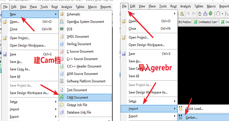 在File下新建 Cam檔，建后再File下導(dǎo)入Gerber文件，選擇所有文件導(dǎo)入gerber。